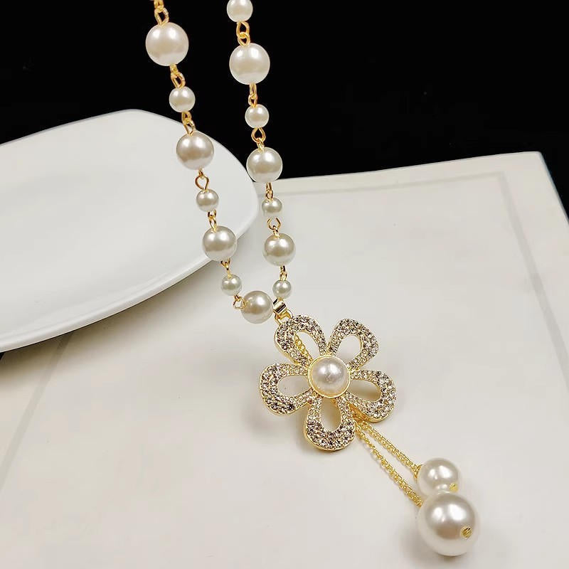 Diamond Flower Pearl Long Sweater Necklace for Women