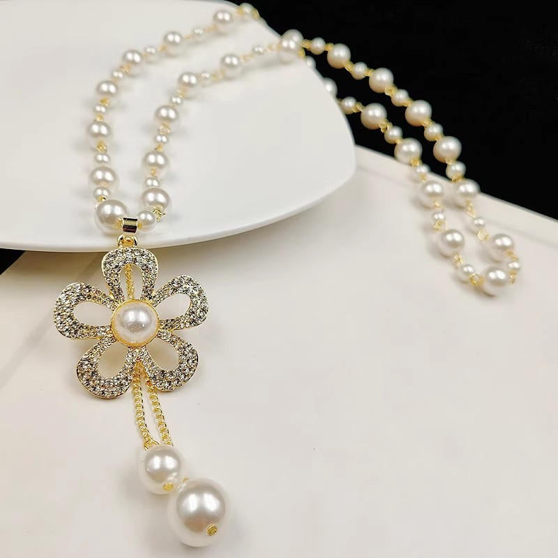 Diamond Flower Pearl Long Sweater Necklace for Women