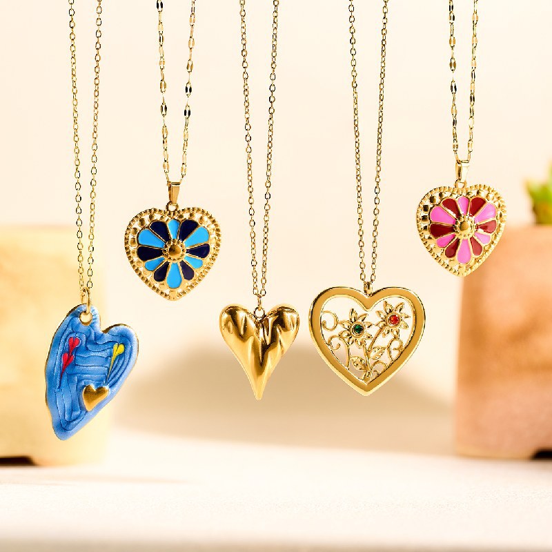 Colorful Enamel Heart Flower Pendant Necklace for Women