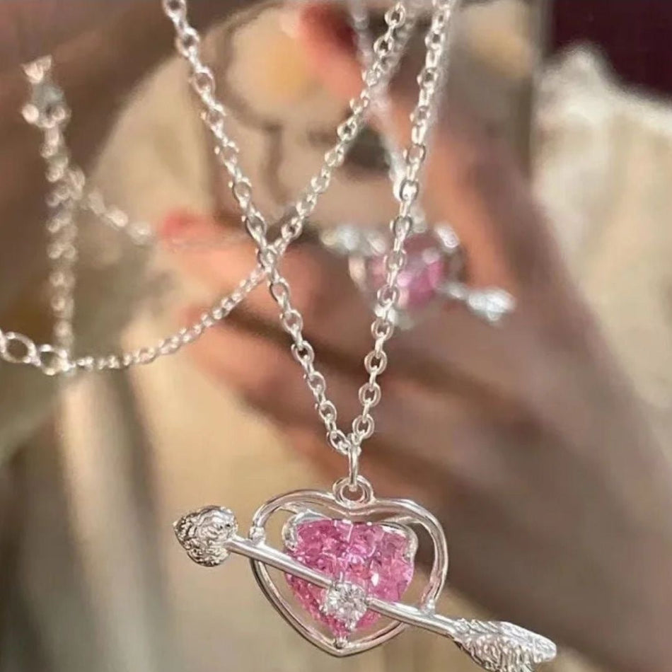 Pink Cupid Heart Pendant Clavicle Necklace for Women