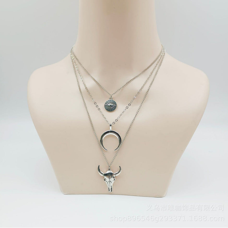 Retro Bull Head Moon Layered Necklace for Women