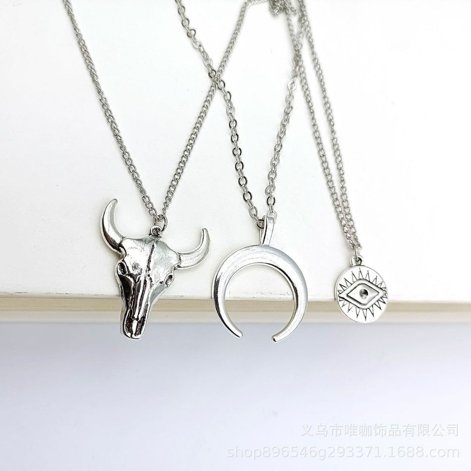 Retro Bull Head Moon Layered Necklace for Women