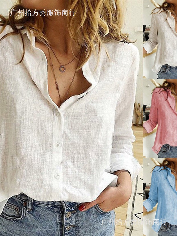 Casual Cotton Linen Long Sleeve Shirt Loose Fit Lapel Collar Top