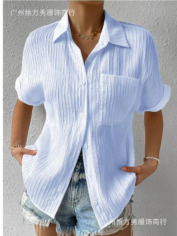 Women's Short Sleeve Lapel Cardigan Shirt Regular Fit Pocket Top