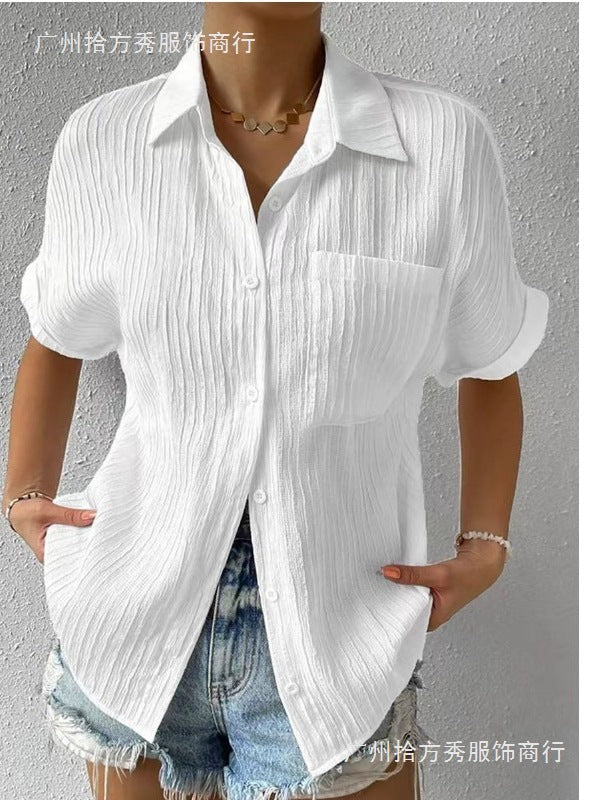 Women's Short Sleeve Lapel Cardigan Shirt Regular Fit Pocket Top