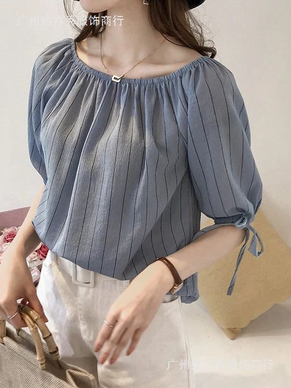 Women's Knitted Off-Shoulder Lantern Sleeve Striped Blouse Top