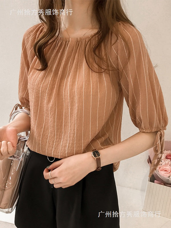 Women's Knitted Off-Shoulder Lantern Sleeve Striped Blouse Top