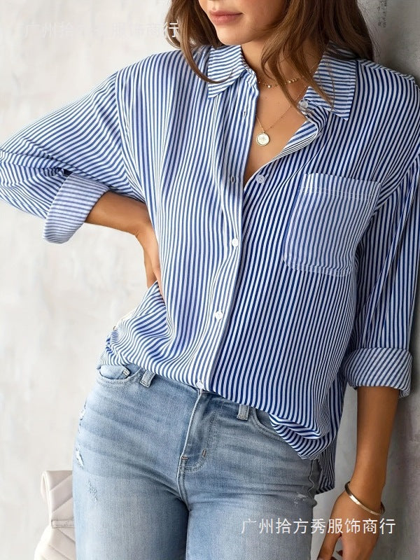 Women's Loose Long Sleeve Plaid Shirt Soft Satin Button Front Top