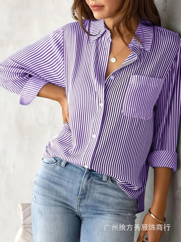 Women's Loose Long Sleeve Plaid Shirt Soft Satin Button Front Top