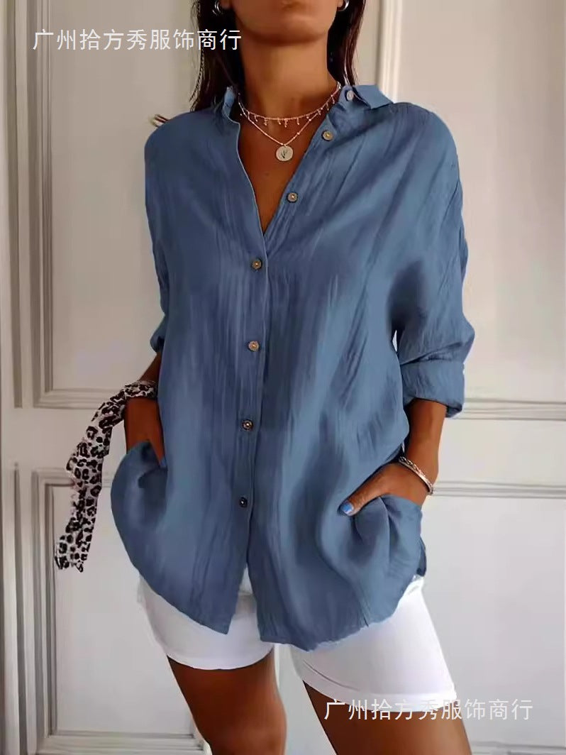 Women's Ice Silk Roll-Up Sleeve Button Front Lapel Shirt Blouse