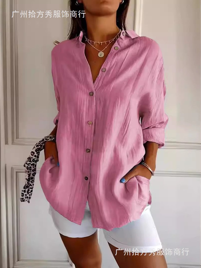 Women's Ice Silk Roll-Up Sleeve Button Front Lapel Shirt Blouse