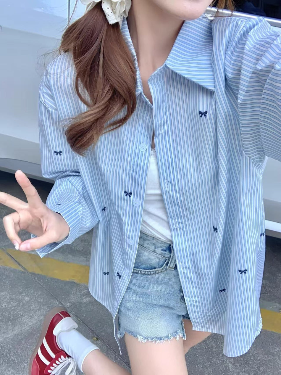 Women's Bow Print Striped Long Sleeve Loose Fit Button Shirt Top