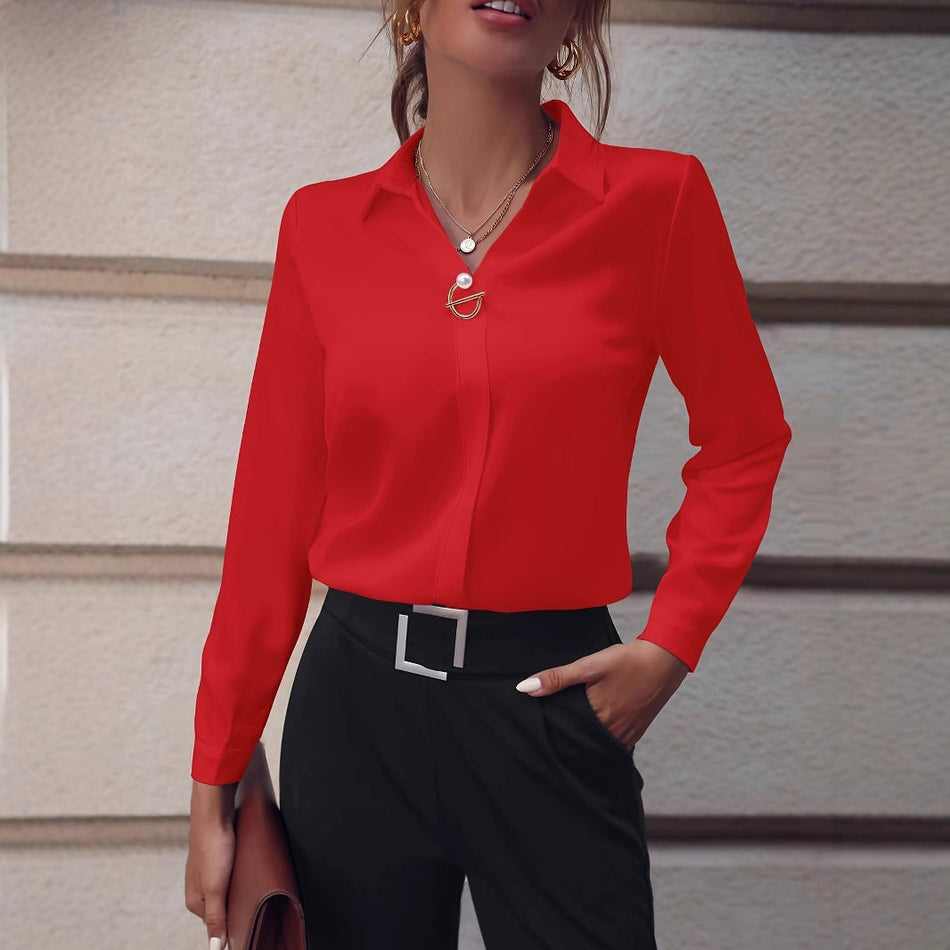 Women's Slim Fit Stretch Long Sleeve Lapel Work Shirt Blouse