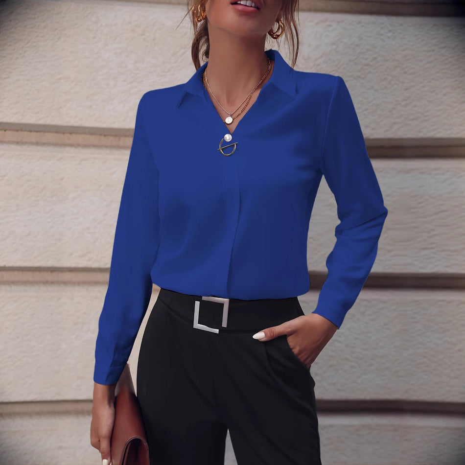 Women's Slim Fit Stretch Long Sleeve Lapel Work Shirt Blouse