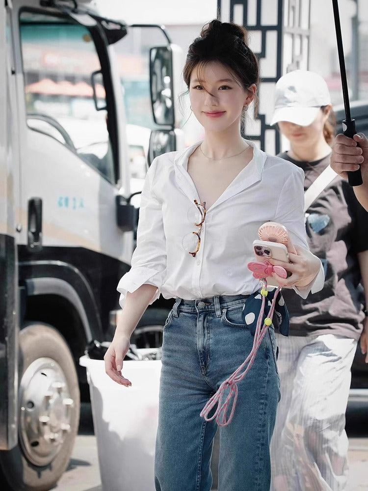 Women's Elegant V-Neck Long Sleeve Commuter Button Shirt Blouse
