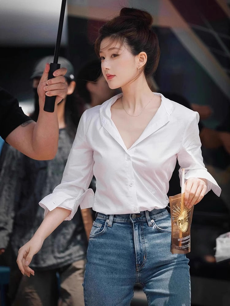 Women's Elegant V-Neck Long Sleeve Commuter Button Shirt Blouse