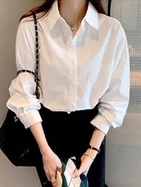 Women's Classic White Long Sleeve Loose Fit Button Work Shirt