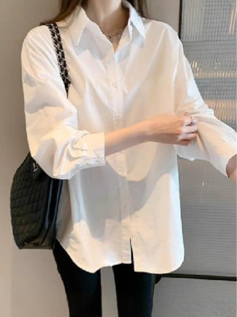 Women's Classic White Long Sleeve Loose Fit Button Front Shirt