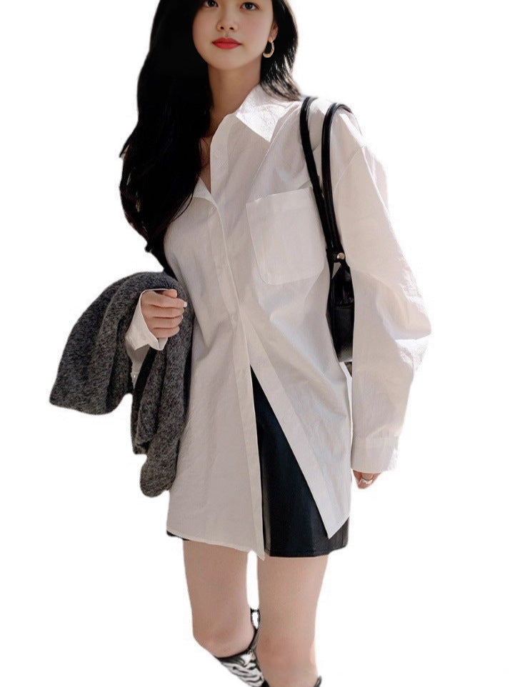 Women's White Long Sleeve Button Front Pocket Work Shirt Blouse
