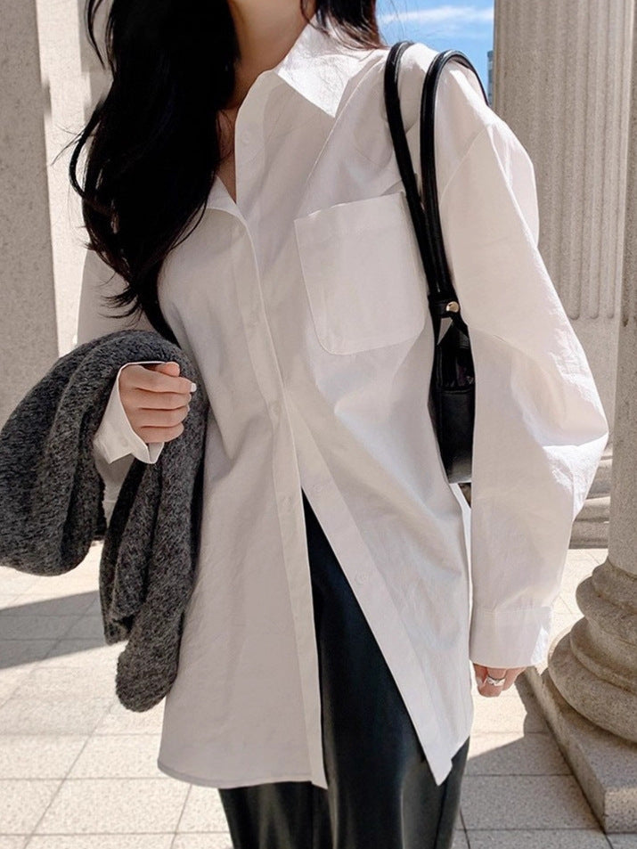 Women's White Long Sleeve Button Front Pocket Work Shirt Blouse