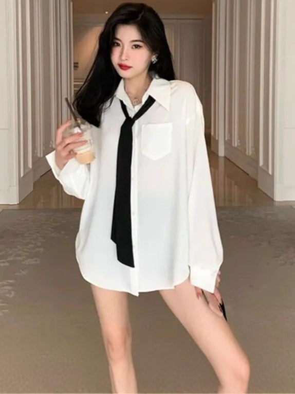 Women's Loose Fit Long Sleeve White Polo Collar Casual Shirt