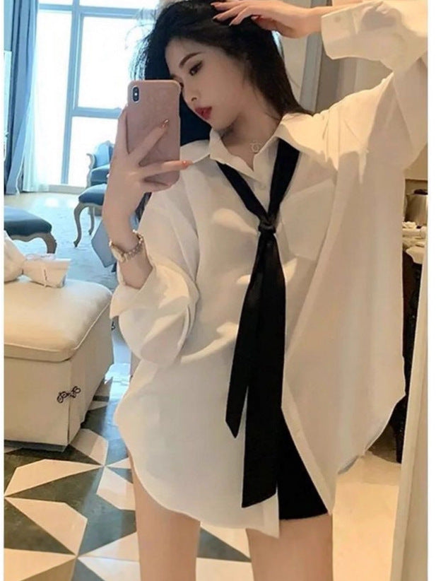Women's Loose Fit Long Sleeve White Polo Collar Casual Shirt