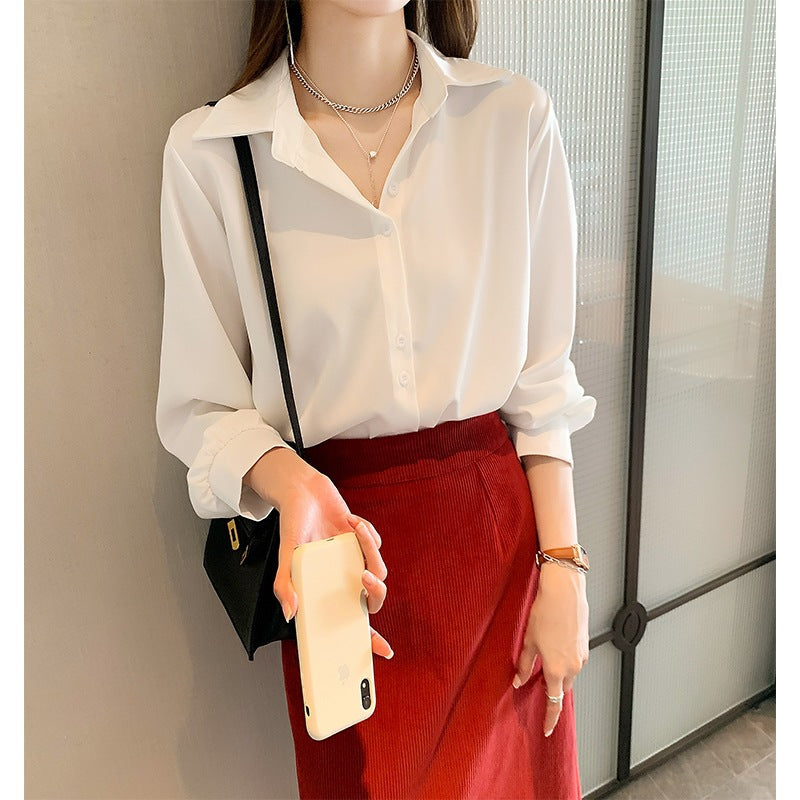 Elegant Women's Loose Chiffon Polo Collar Long Sleeve Shirt