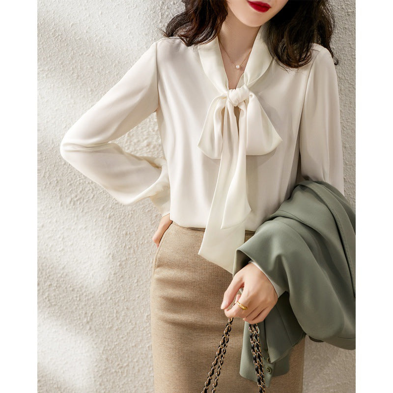 Elegant Women's Ribbon Collar Loose Long Sleeve Solid Color Shirt