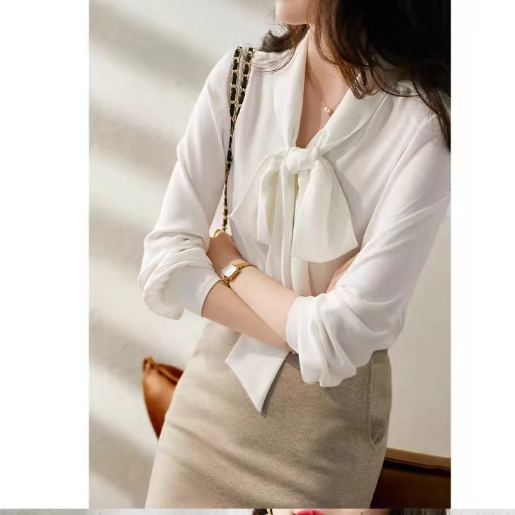 Elegant Women's Ribbon Collar Loose Long Sleeve Solid Color Shirt