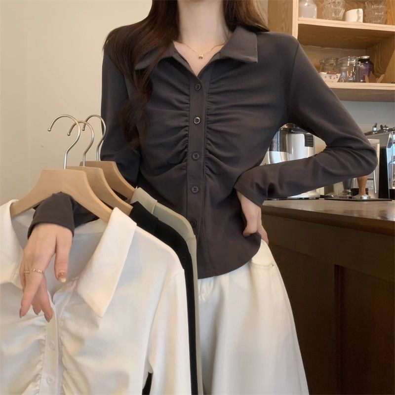 Women's Pleated Polo Collar Long Sleeve Slim Fit Blouse Shirt
