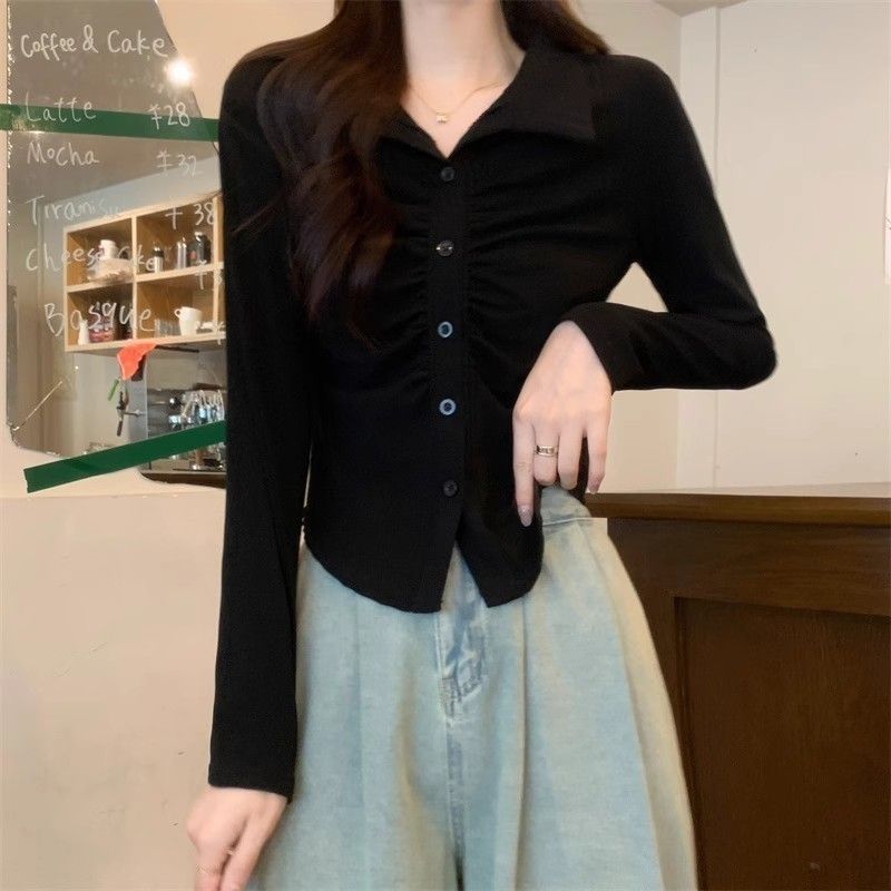 Women's Pleated Polo Collar Long Sleeve Slim Fit Blouse Shirt