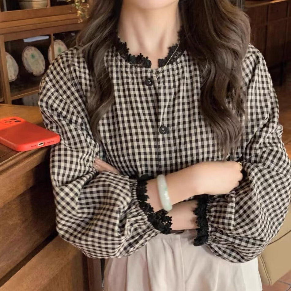 Women's French Style Plaid Babydoll Long Sleeve Blouse Shirt