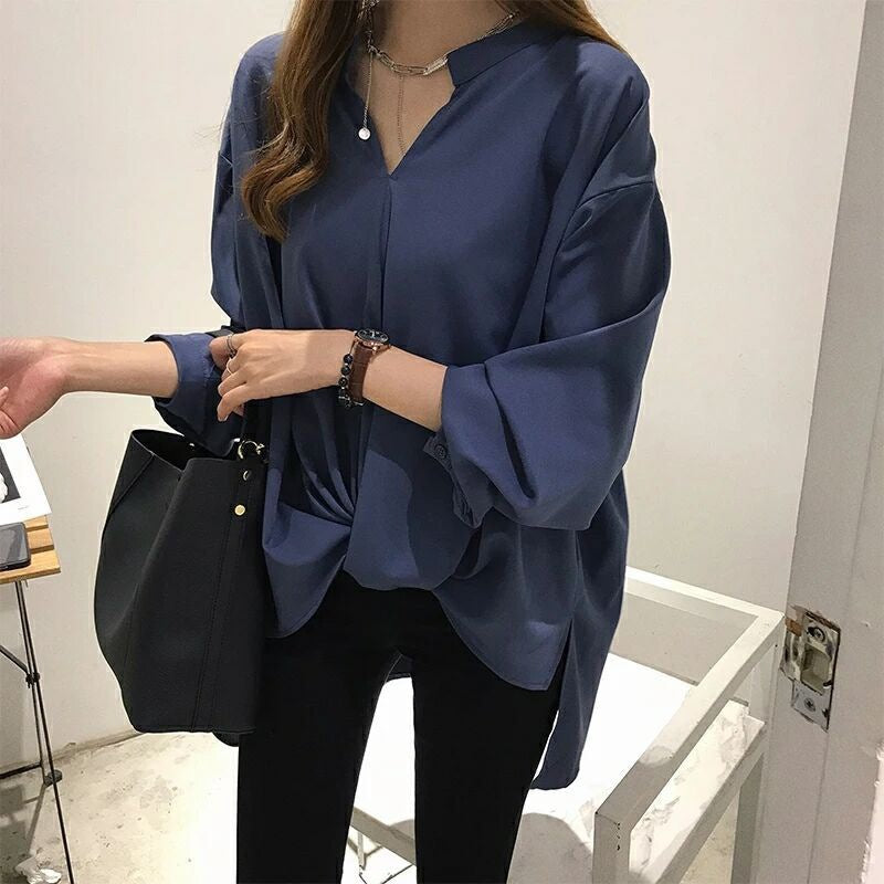 Women's Loose V-Neck Chiffon Long Sleeve Elegant Blouse Shirt