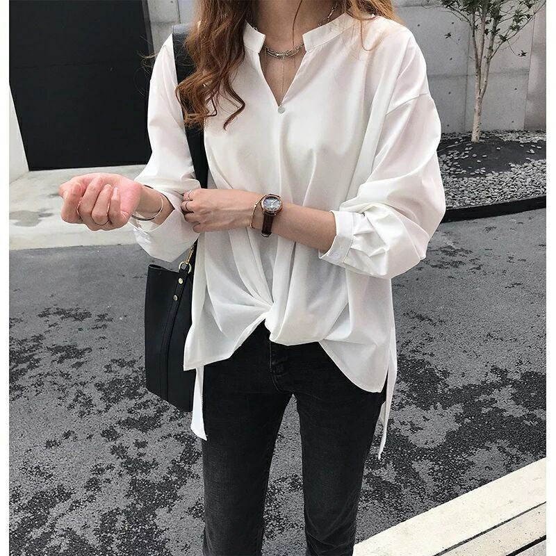 Women's Loose V-Neck Chiffon Long Sleeve Elegant Blouse Shirt