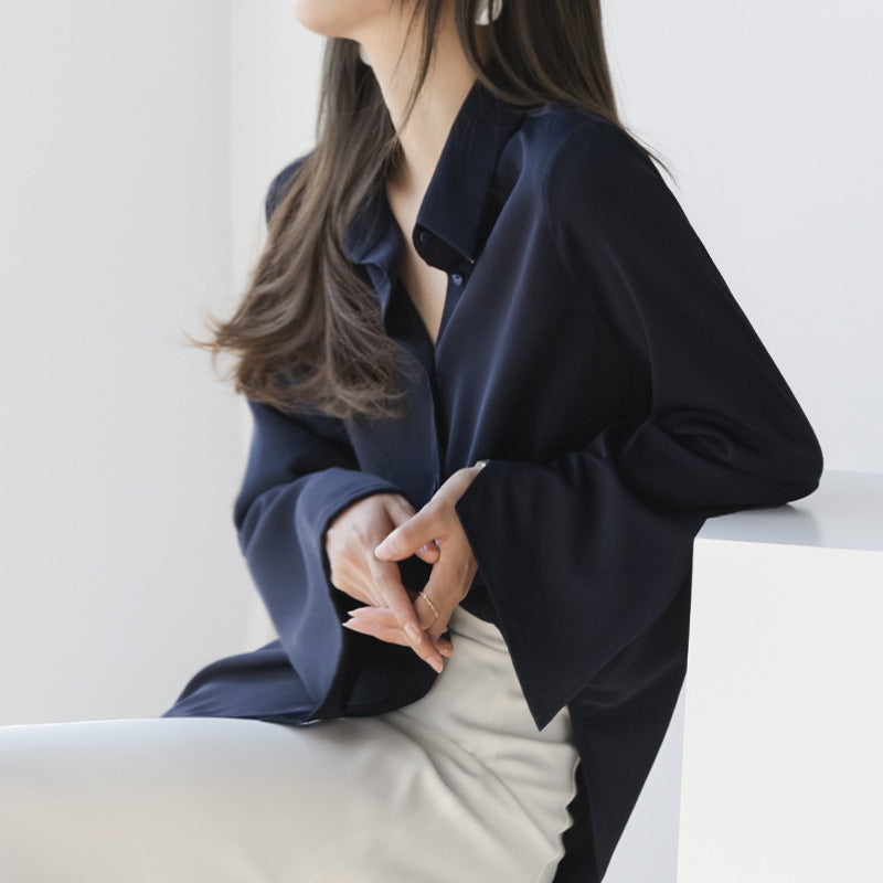 Women's Bell Sleeve Polo Collar Long Sleeve Straight Fit Shirt