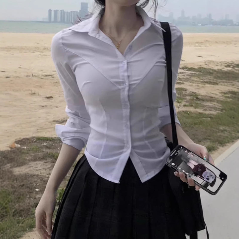 Women's Slim Fit Polo Collar Long Sleeve Waist-Cinched Shirt
