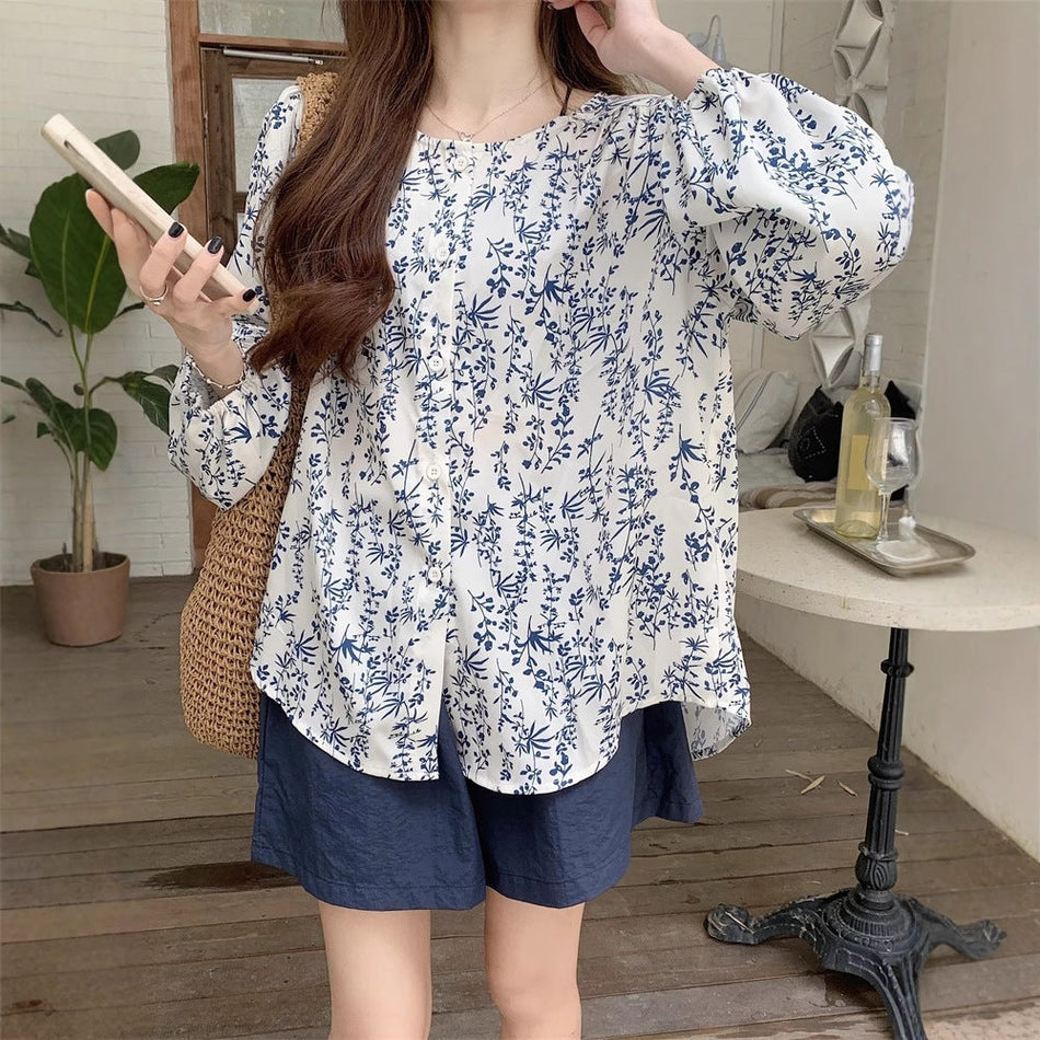 Women's Retro Floral Lantern Sleeve Loose Long Sleeve Blouse