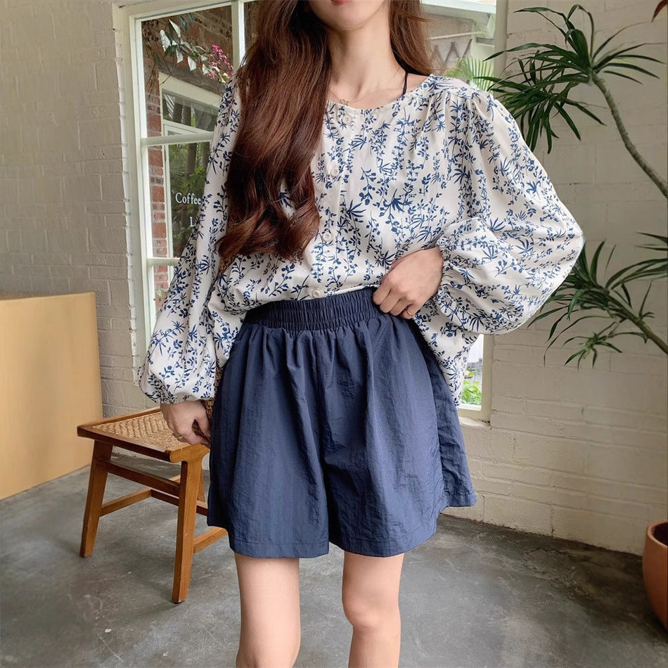 Women's Retro Floral Lantern Sleeve Loose Long Sleeve Blouse