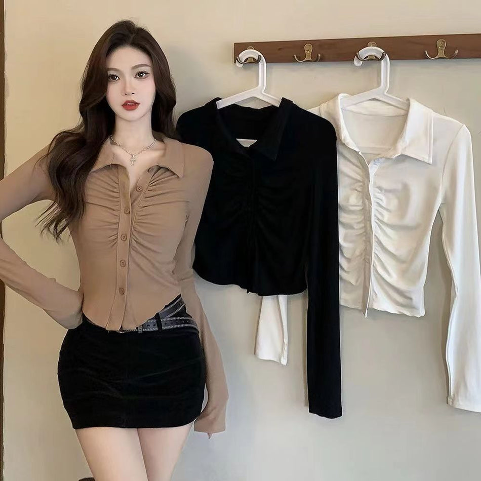 Women's Slim Fit Pleated Polo Collar Long Sleeve Blouse Shirt