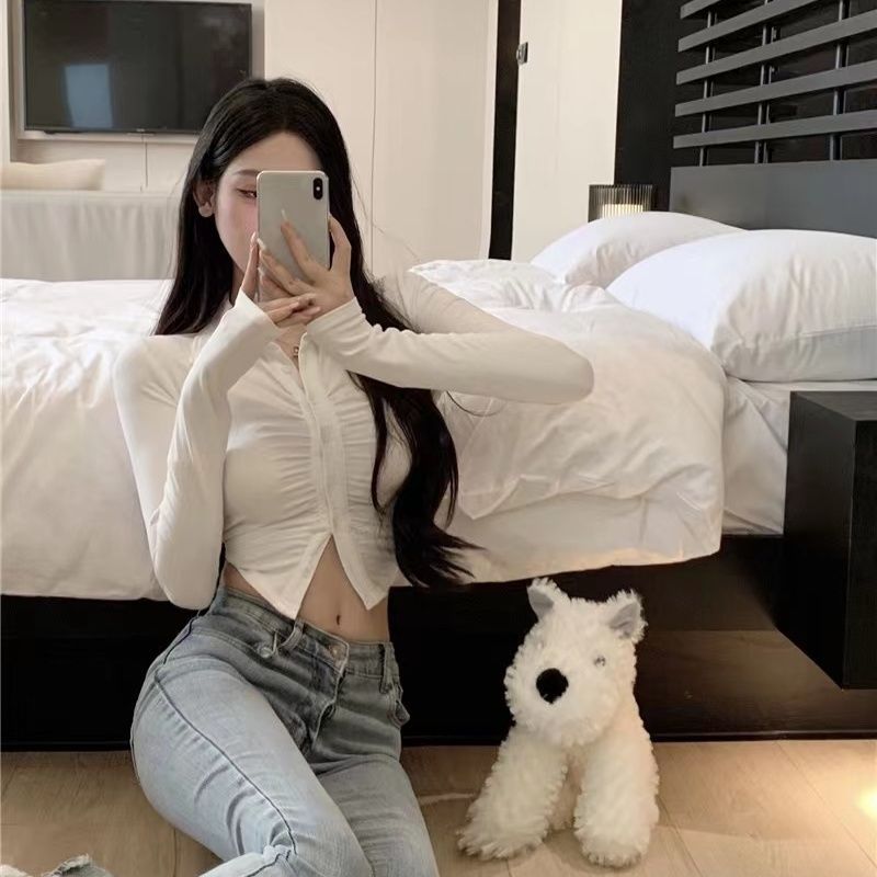 Women's Slim Fit Pleated Polo Collar Long Sleeve Blouse Shirt