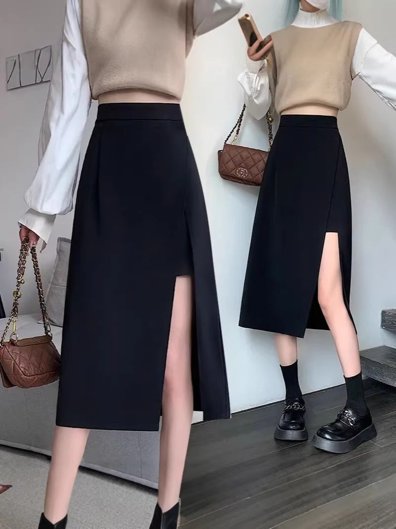 Women's High Waist Irregular Slit A-Line Black Midi Skirt