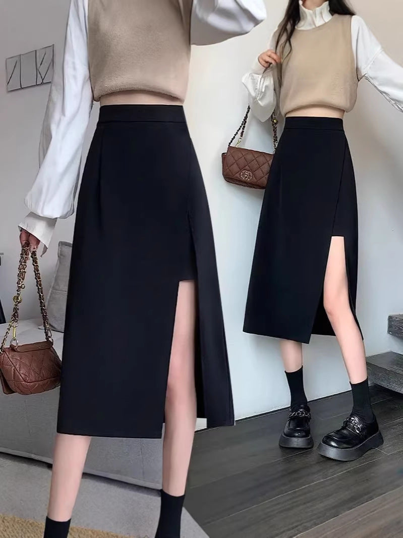 Women's High Waist Irregular Slit A-Line Black Midi Skirt