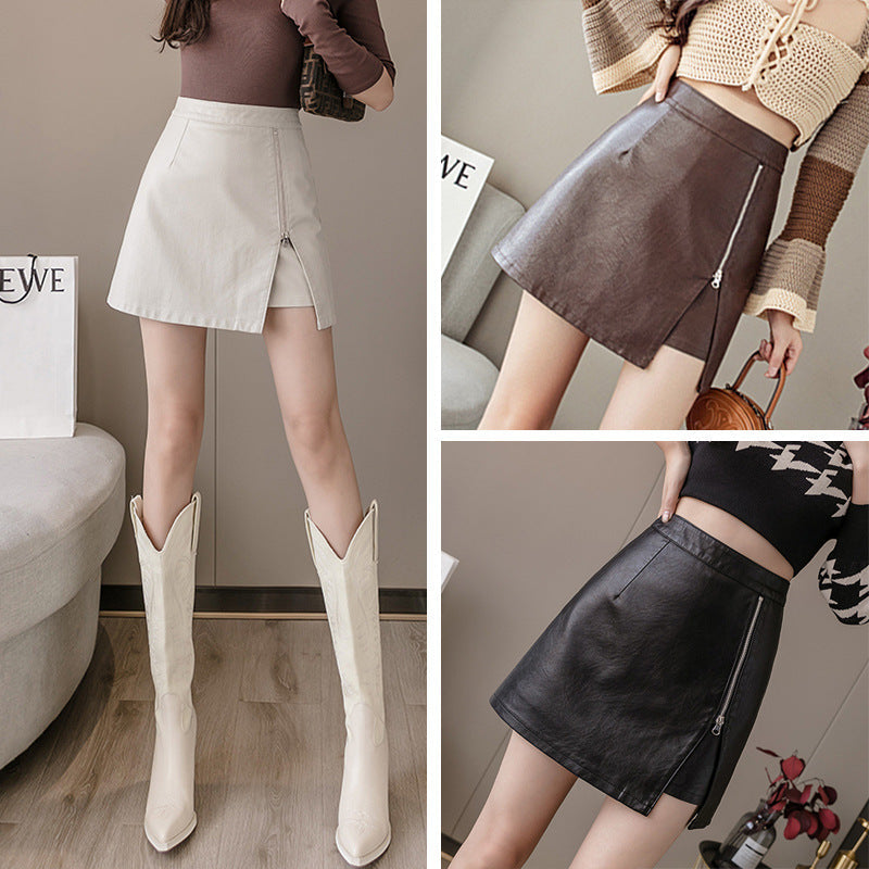 Women's High Waist PU Leather Irregular Split Mini Skirt