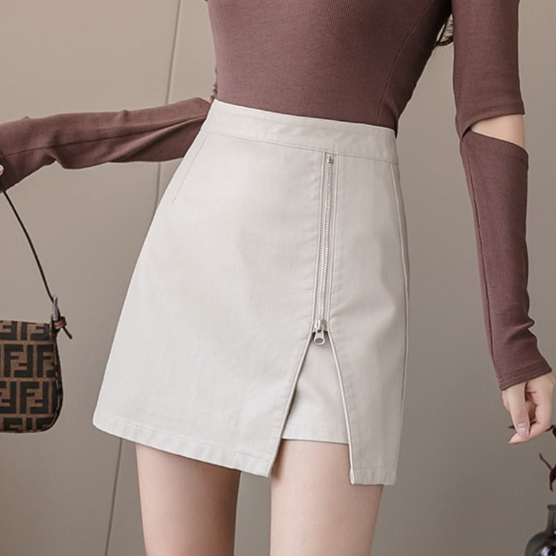 Women's High Waist PU Leather Irregular Split Mini Skirt