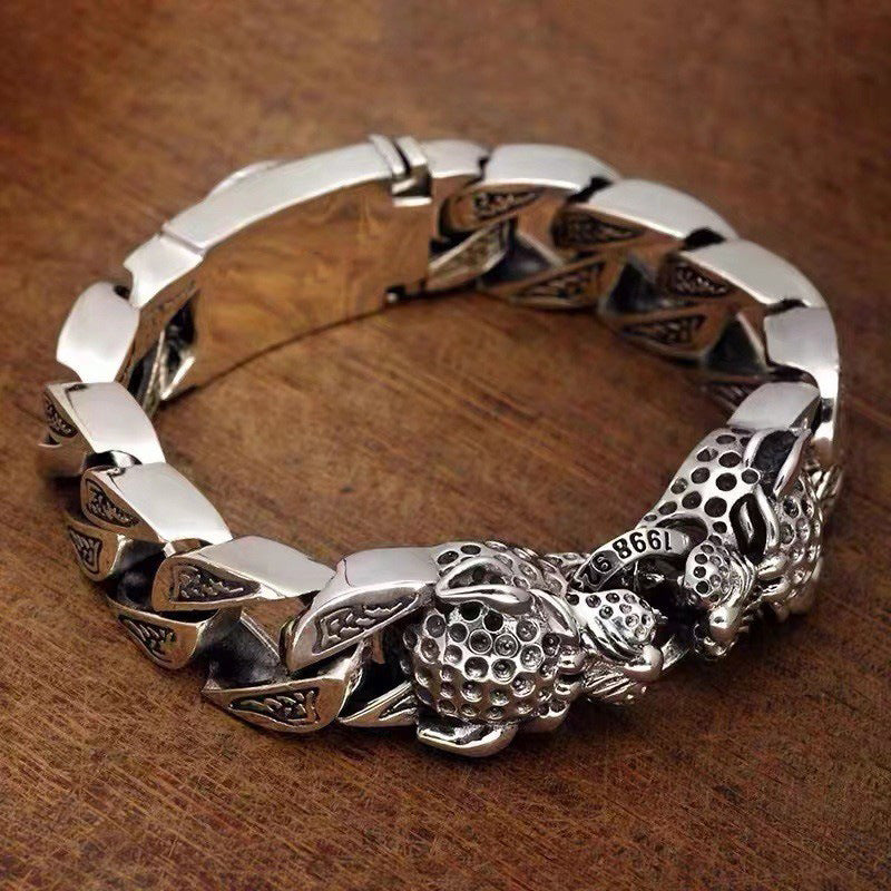 Men's Retro Thai Silver Double Leopard Woven Bracelet