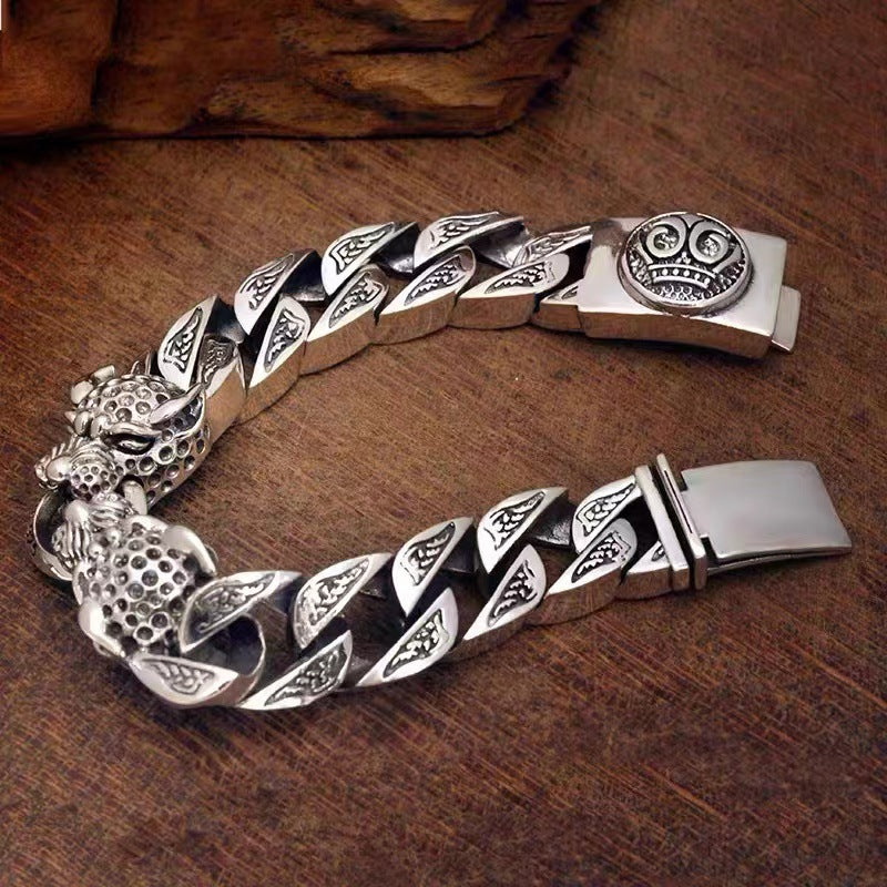 Men's Retro Thai Silver Double Leopard Woven Bracelet