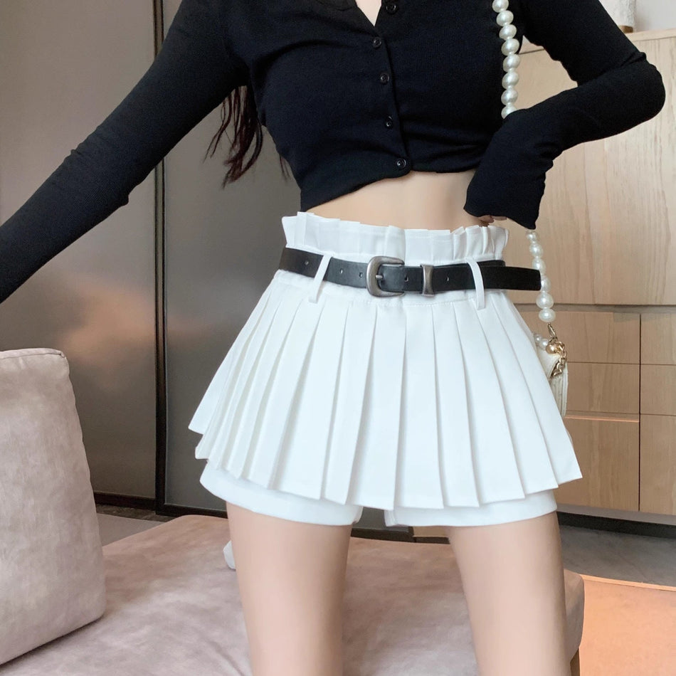 Women's Lace Belt Pleated JK Uniform Mini Skirt