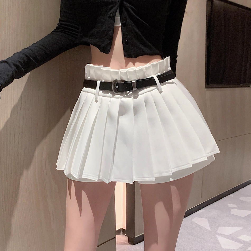 Women's Lace Belt Pleated JK Uniform Mini Skirt