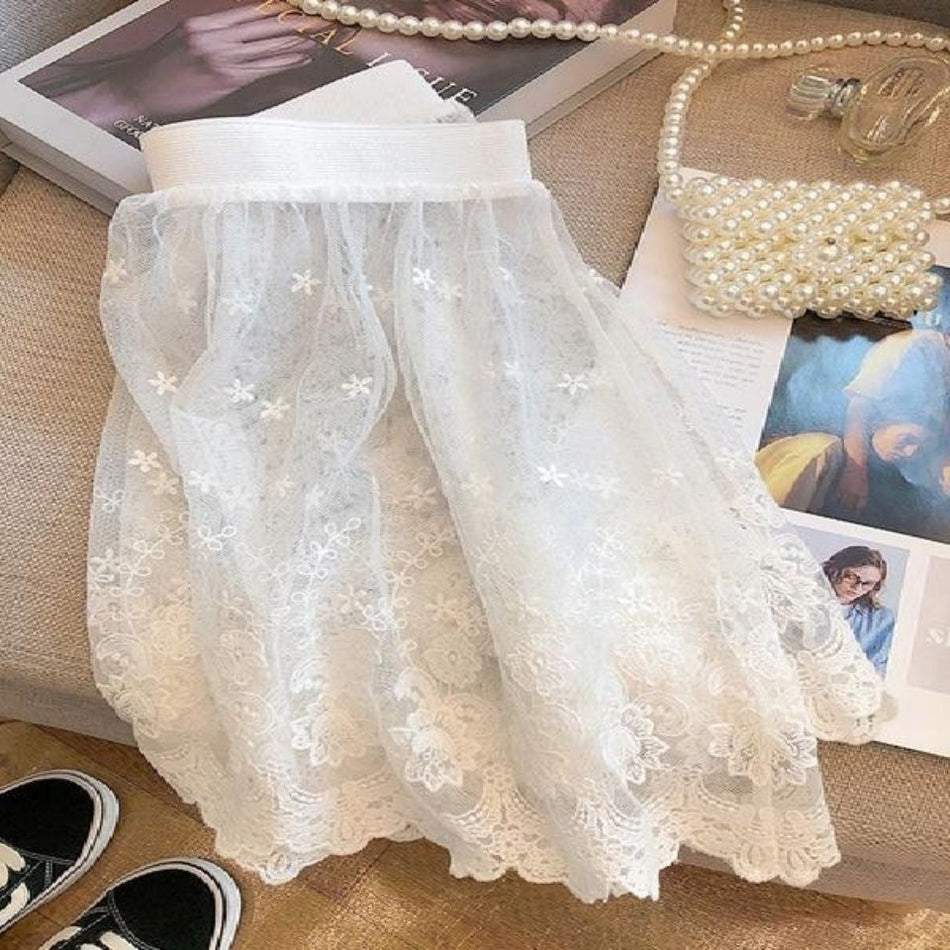 Women's Lace Layered Tulle Half Skirt with Elastic Waist