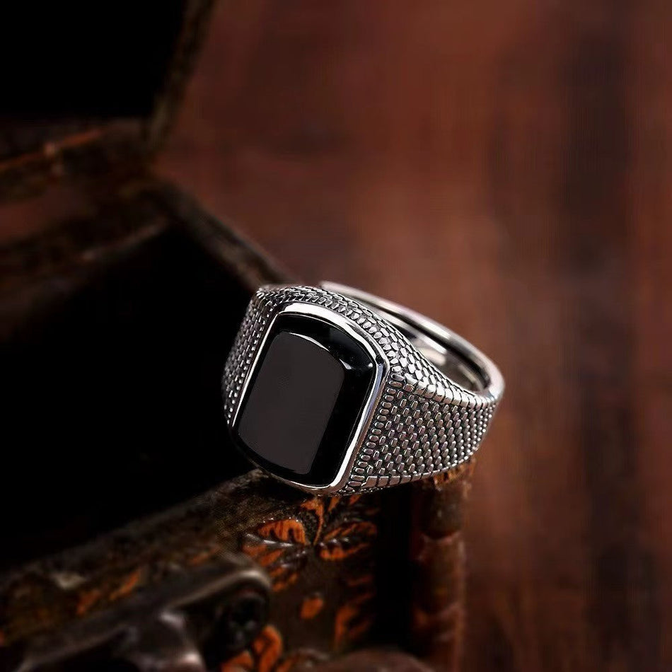 Men's Vintage Black Agate Style Adjustable Statement Ring